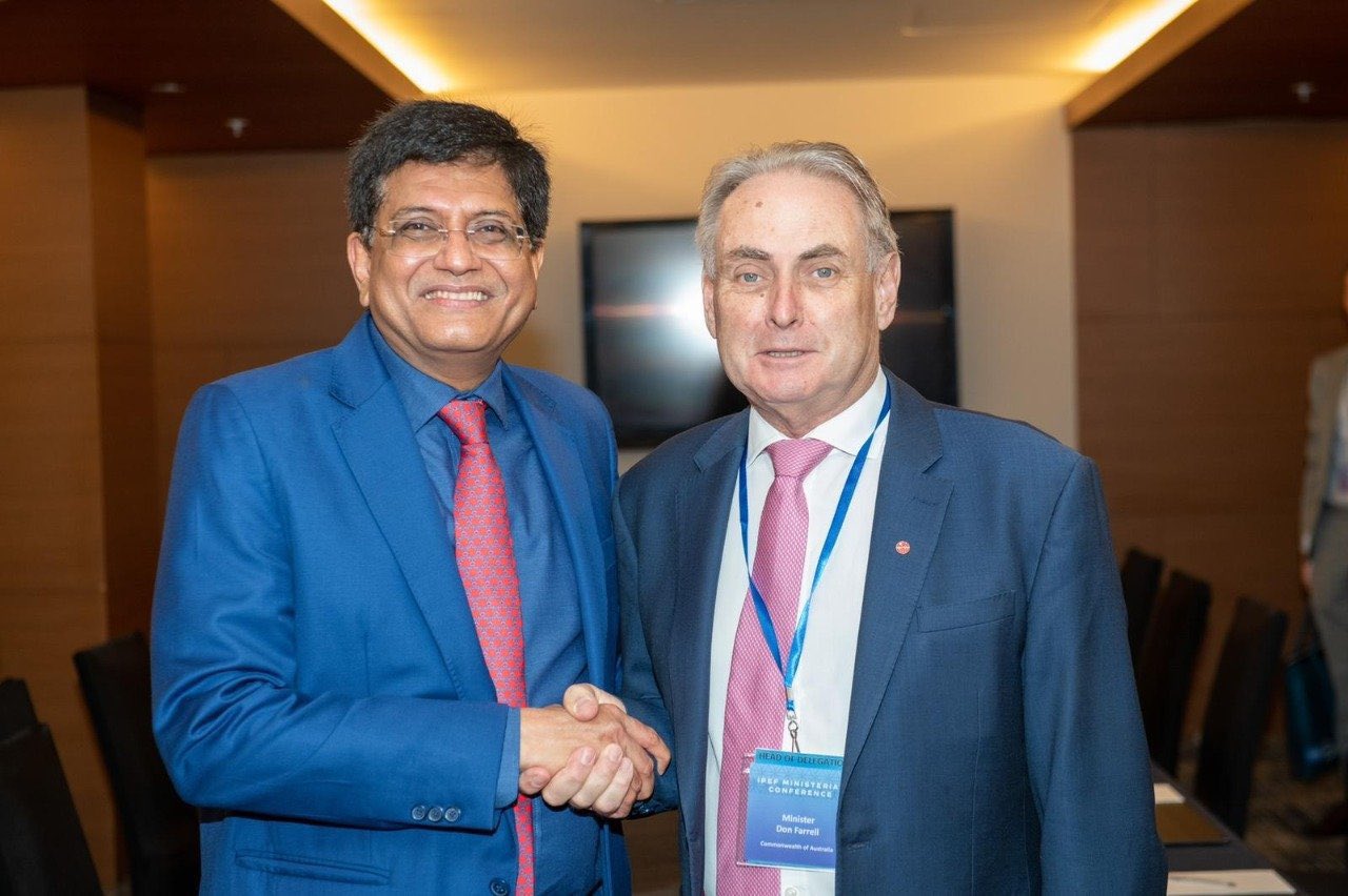 Indian Trade Minister Piyush Goyal with Australian Minister for Trade, Don Farrell at WTO Ministerial Conference in Geneva, Switzerland.